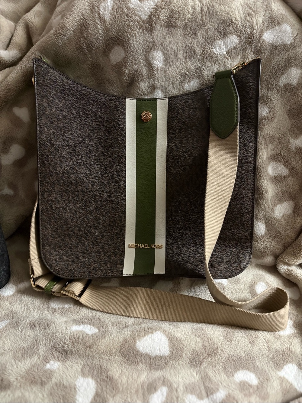 Michael Kors Signature Brown Crossbody with Green & White Center Stripe